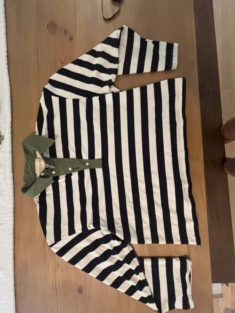 State & Lake Black and White Striped Long Sleeve Rugby Polo Shirt with Olive Col
